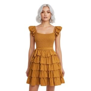 TULAROSE Golden Mustard Yellow Smocked Ruffle Mini Dress SIZE XXS